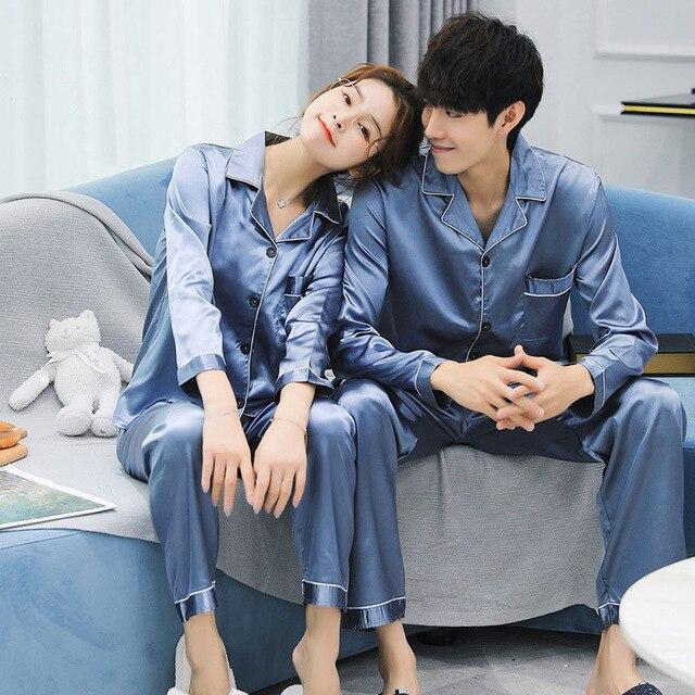 Couple Pajamas Set Spring and Autumn Sexy Satin Silk Lover Pyjamas Long Sleeve Sleepwear Men And Women Nightgown Home Clothing