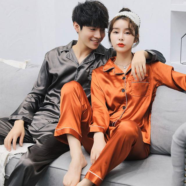 Couple Pajamas Set Spring and Autumn Sexy Satin Silk Lover Pyjamas Long Sleeve Sleepwear Men And Women Nightgown Home Clothing