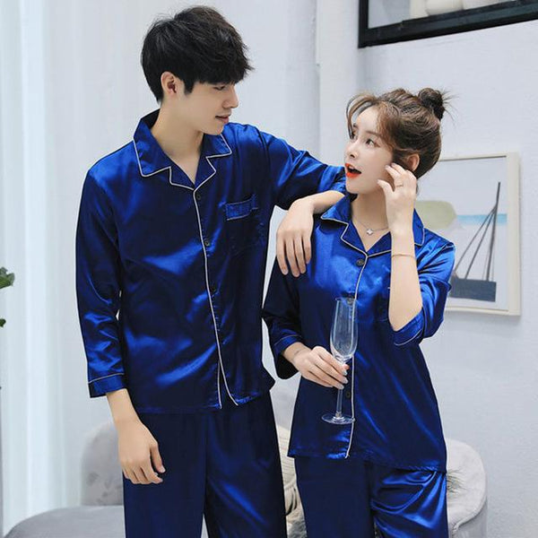 Couple Pajamas Set Spring and Autumn Sexy Satin Silk Lover Pyjamas Long Sleeve Sleepwear Men And Women Nightgown Home Clothing