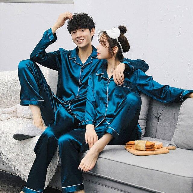 Couple Pajamas Set Spring and Autumn Sexy Satin Silk Lover Pyjamas Long Sleeve Sleepwear Men And Women Nightgown Home Clothing