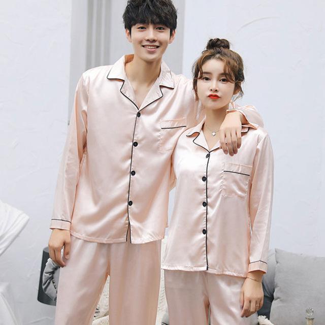 Couple Pajamas Set Spring and Autumn Sexy Satin Silk Lover Pyjamas Long Sleeve Sleepwear Men And Women Nightgown Home Clothing