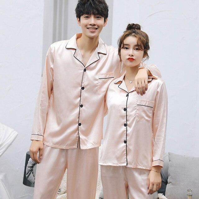 Couple Pajamas Set Spring and Autumn Sexy Satin Silk Lover Pyjamas Long Sleeve Sleepwear Men And Women Nightgown Home Clothing