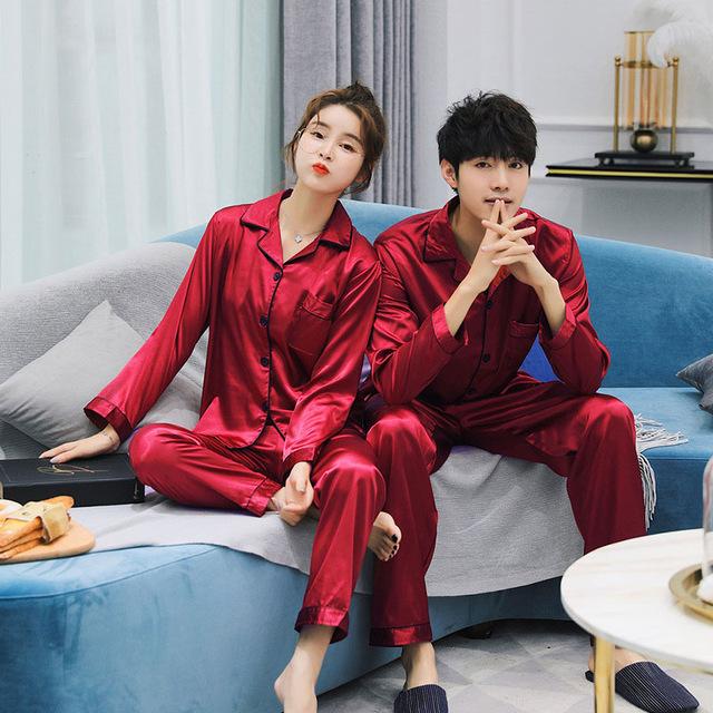 Couple Pajamas Set Spring and Autumn Sexy Satin Silk Lover Pyjamas Long Sleeve Sleepwear Men And Women Nightgown Home Clothing