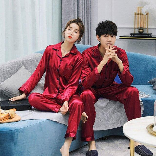 Couple Pajamas Set Spring and Autumn Sexy Satin Silk Lover Pyjamas Long Sleeve Sleepwear Men And Women Nightgown Home Clothing