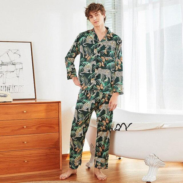 2019 Spring Nightgown For Couples Long Sleeve V-Neck Print Silk Satin Nightwear for Women Men Green,Red