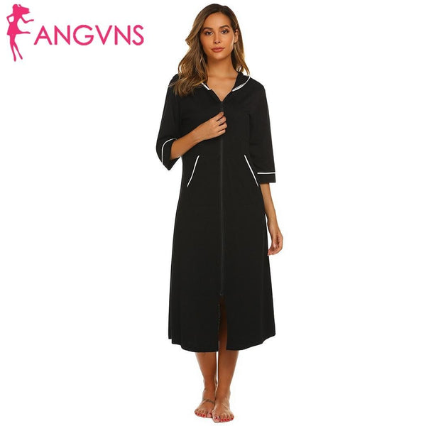 Long Nightgown Women Zipper Night Dress Sleepwear Solid Hooded Long Sleeve Robe Maxi Nightdress Homewear