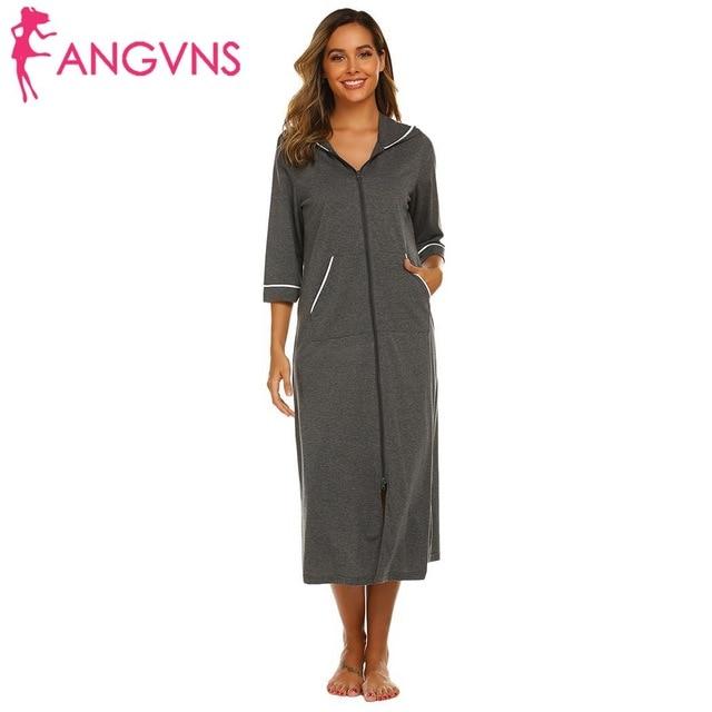Long Nightgown Women Zipper Night Dress Sleepwear Solid Hooded Long Sleeve Robe Maxi Nightdress Homewear