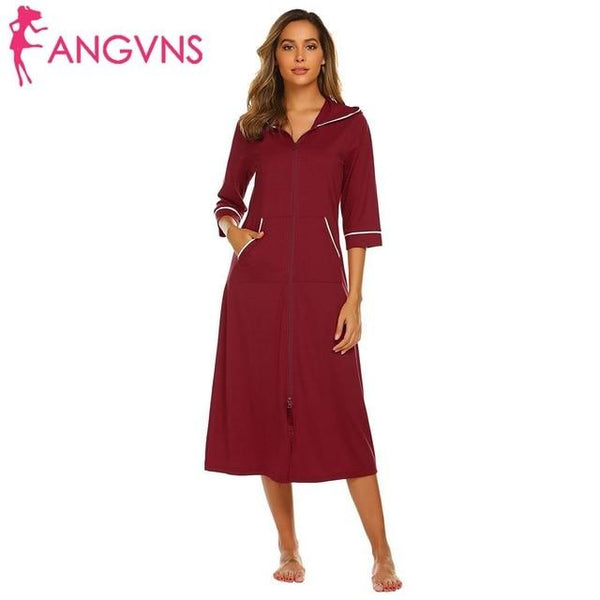 Long Nightgown Women Zipper Night Dress Sleepwear Solid Hooded Long Sleeve Robe Maxi Nightdress Homewear