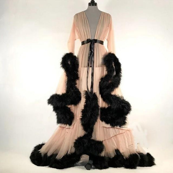 Sexy Lace Night Robe Women Kimono Night Maxi Dress Gown Mesh Long Sleeve Fur Babydoll Party Sleepwear Nightgrown Robes