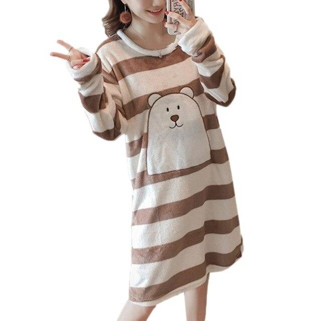 Womens Winter Thicken Flannel Long Sleeve Nightgown Cute Cartoon Animal Bear Printed Sleepwear Sweet Student Loose Knee Length N