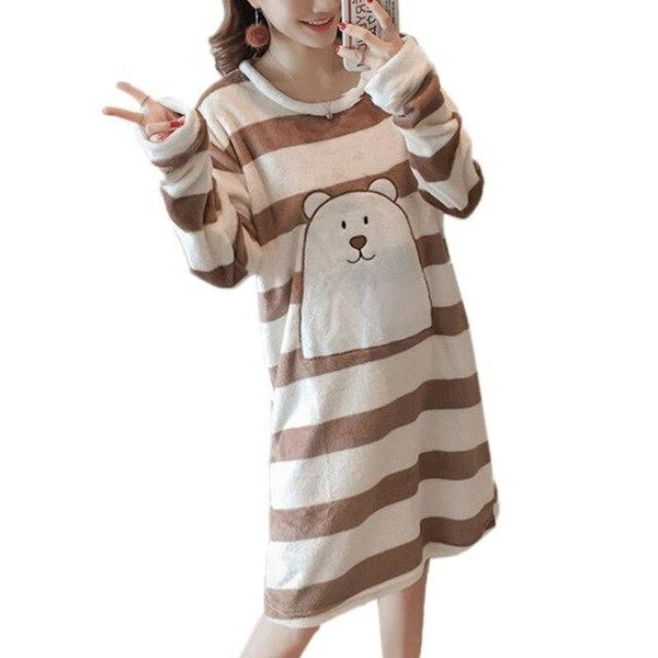 Womens Winter Thicken Flannel Long Sleeve Nightgown Cute Cartoon Animal Bear Printed Sleepwear Sweet Student Loose Knee Length N