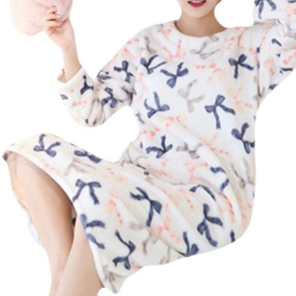 Womens Winter Thicken Flannel Long Sleeve Nightgown Cute Cartoon Animal Bear Printed Sleepwear Sweet Student Loose Knee Length N