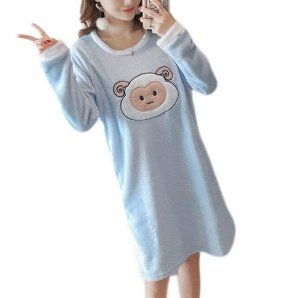 Womens Winter Thicken Flannel Long Sleeve Nightgown Cute Cartoon Animal Bear Printed Sleepwear Sweet Student Loose Knee Length N