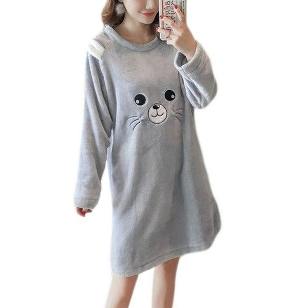Womens Winter Thicken Flannel Long Sleeve Nightgown Cute Cartoon Animal Bear Printed Sleepwear Sweet Student Loose Knee Length N