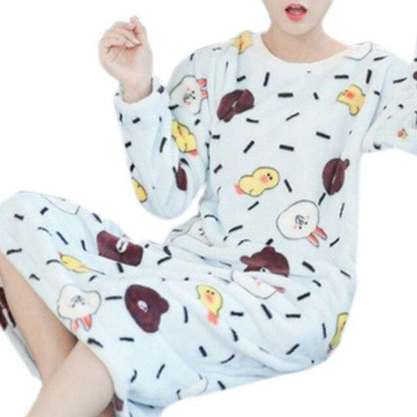 Womens Winter Thicken Flannel Long Sleeve Nightgown Cute Cartoon Animal Bear Printed Sleepwear Sweet Student Loose Knee Length N