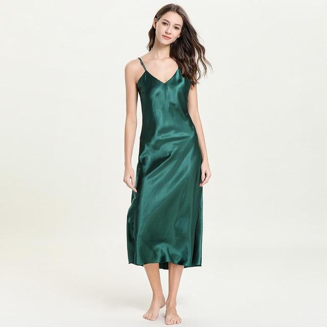 Bikitique Sexy Lingerie Nightgowns Women Satin Solid Spaghetti Strap Sleepwear Homewear Sling Long Nightdress Summer Cami Dress