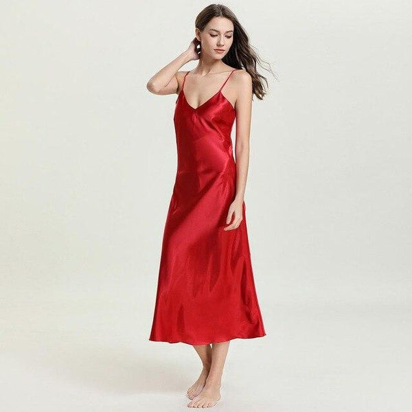 Bikitique Sexy Lingerie Nightgowns Women Satin Solid Spaghetti Strap Sleepwear Homewear Sling Long Nightdress Summer Cami Dress