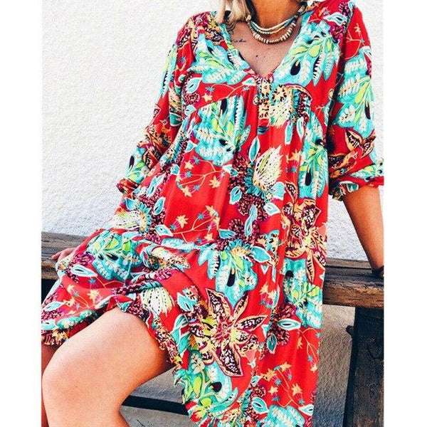 New Fashion Women Long Sleeve Summer Boho Floral Printed Beach Casual Loose Kaftan Tunic Beach Mini Dress Sundress