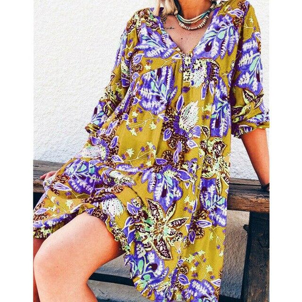 New Fashion Women Long Sleeve Summer Boho Floral Printed Beach Casual Loose Kaftan Tunic Beach Mini Dress Sundress