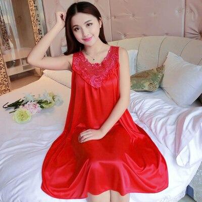 One Size Ladies Long Nightgown Summer Casual Home Dress Nightshirt Sleeveless Sexy Sleepwear Faux Silk Nightdress Nightwear