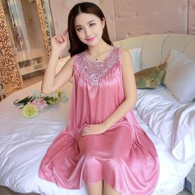 One Size Ladies Long Nightgown Summer Casual Home Dress Nightshirt Sleeveless Sexy Sleepwear Faux Silk Nightdress Nightwear