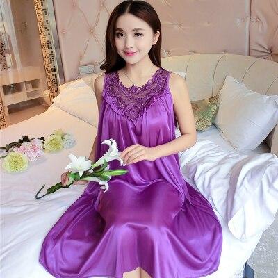 One Size Ladies Long Nightgown Summer Casual Home Dress Nightshirt Sleeveless Sexy Sleepwear Faux Silk Nightdress Nightwear