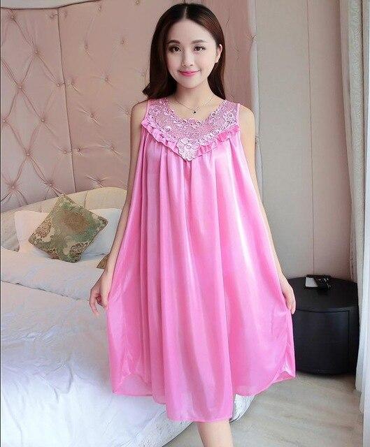 One Size Ladies Long Nightgown Summer Casual Home Dress Nightshirt Sleeveless Sexy Sleepwear Faux Silk Nightdress Nightwear