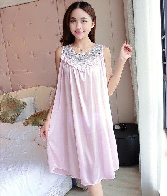 One Size Ladies Long Nightgown Summer Casual Home Dress Nightshirt Sleeveless Sexy Sleepwear Faux Silk Nightdress Nightwear