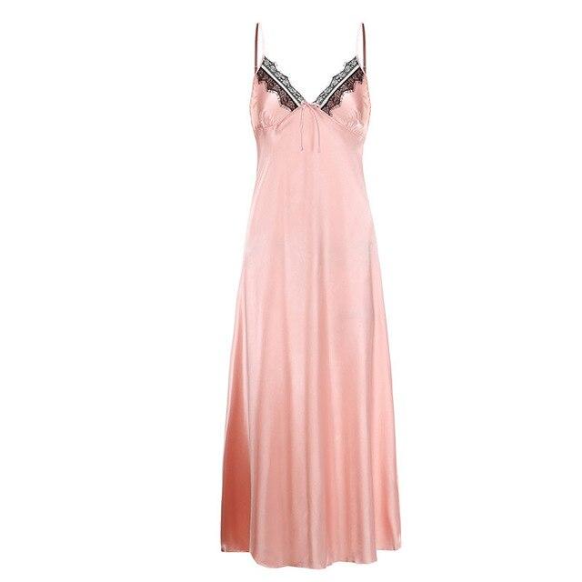 New Women's Silky Nightdress Sexy Deep V Collor Nightgown Woman Long Silk Nighty Loungewear Loose Home wear Pijama de mujer