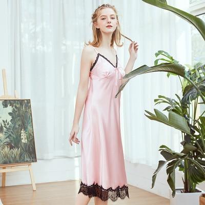 Daeyard Long Nightdress For Women Spaghetti Straps Nightgown Satin Sleepwear Ladies Sexy Lace Fringe Dress Nightie Homewear