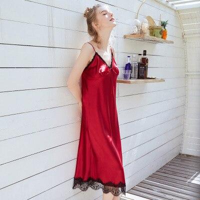 Daeyard Long Nightdress For Women Spaghetti Straps Nightgown Satin Sleepwear Ladies Sexy Lace Fringe Dress Nightie Homewear