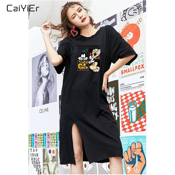 Caiyier Casual Nightgown Cute Print Black Nightdress Summer Short Sleeve Long Nightshirt Women Plus Size Sleepwear S-4XL