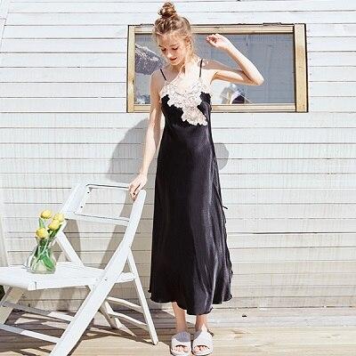 Daeyard Silk Long Nightgown Women Spaghetti Straps Nightdress Sexy Lace Side Slit Summer Dress Casual Sleepwear Home Clothes