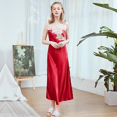 Daeyard Silk Long Nightgown Women Spaghetti Straps Nightdress Sexy Lace Side Slit Summer Dress Casual Sleepwear Home Clothes