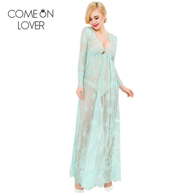 Comeonlover Mint green full sleeve see through lace lingerie dress sheer mesh long female sleepwear princess nightdresses E80302