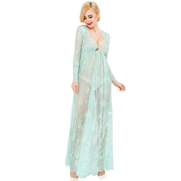 Comeonlover Mint green full sleeve see through lace lingerie dress sheer mesh long female sleepwear princess nightdresses E80302