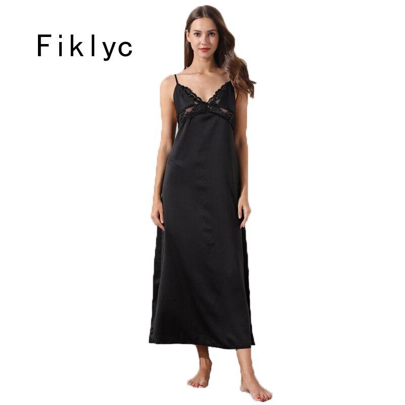 Fiklyc underwear women's satin & lace patchwork long nightgowns nightdress fashion luxury hollow out backless nightwear HOT