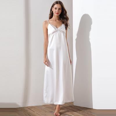 Fiklyc underwear women's satin & lace patchwork long nightgowns nightdress fashion luxury hollow out backless nightwear HOT