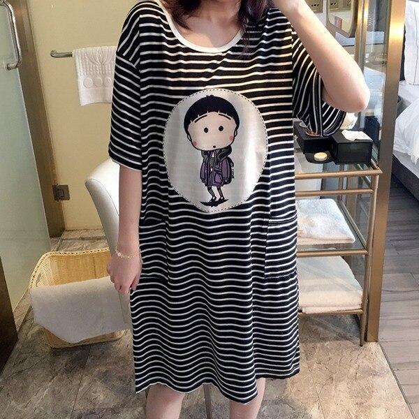 2019 Summer Casual Striped Cotton Long Nightgowns for Women Short Sleeve Night Dress Femme Loose Sleepwear Nightdress Home Dress