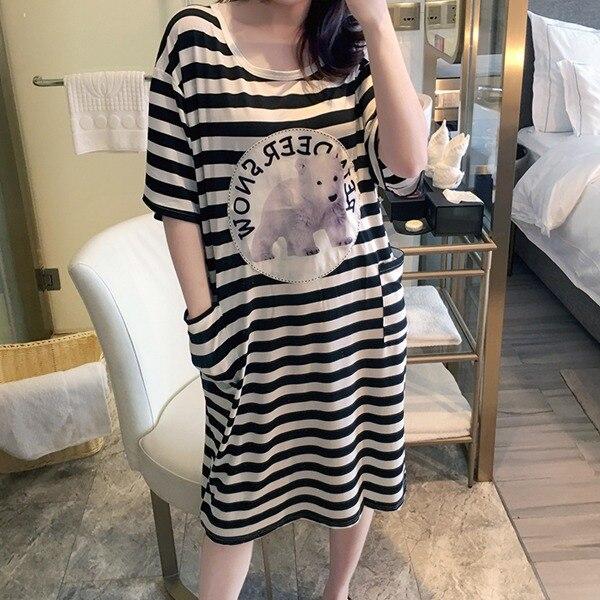 2019 Summer Casual Striped Cotton Long Nightgowns for Women Short Sleeve Night Dress Femme Loose Sleepwear Nightdress Home Dress