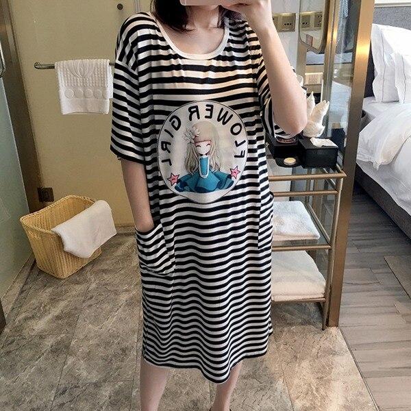 2019 Summer Casual Striped Cotton Long Nightgowns for Women Short Sleeve Night Dress Femme Loose Sleepwear Nightdress Home Dress