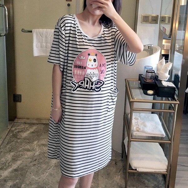 2019 Summer Casual Striped Cotton Long Nightgowns for Women Short Sleeve Night Dress Femme Loose Sleepwear Nightdress Home Dress