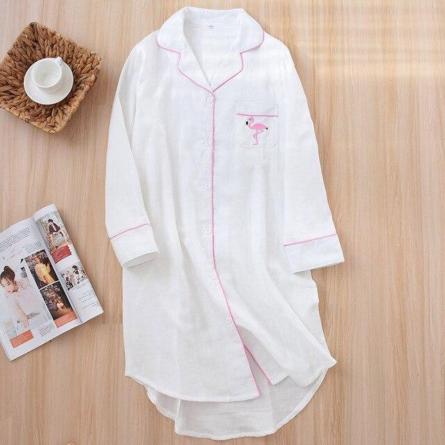 2019 New Ladies sleepwear 100% Gauze Cotton Nightdress Flamingo Embroidered Women Sleepshirt Long-sleeve Comfort Household Wear