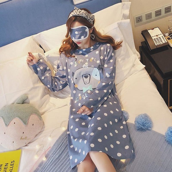 2018 Autumn 100% Cotton Polka Dot Dress Nightgown for Women Long Sleeve Nightdress Cute Girls cartoon Night Dress Home Sleepwear