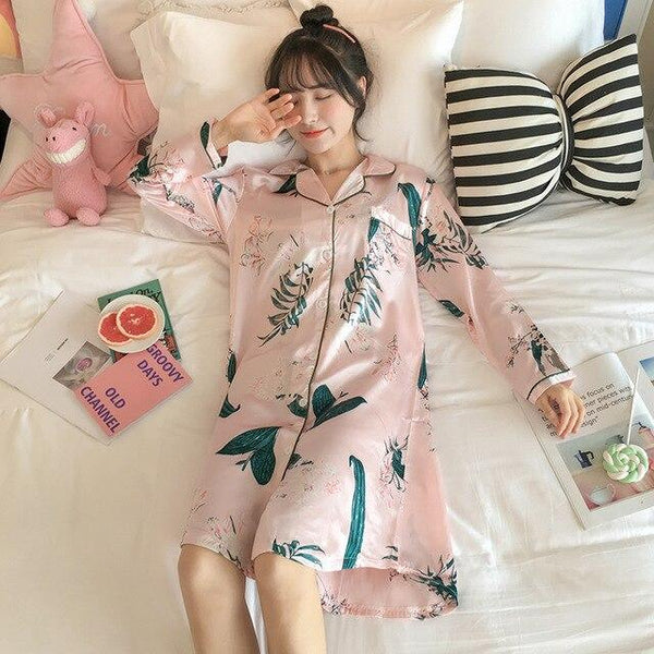 WAVMIT 2019 Autumn Silk Womens Sleepwear Sexy Comfortable Long Sleeve Print Ladies Nightgown Young Girl Outwear Party Nightdress