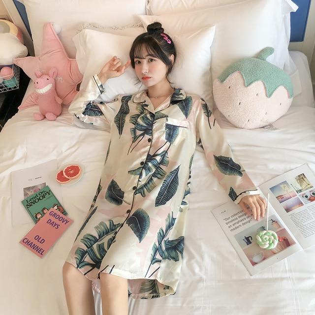 WAVMIT 2019 Autumn Silk Womens Sleepwear Sexy Comfortable Long Sleeve Print Ladies Nightgown Young Girl Outwear Party Nightdress