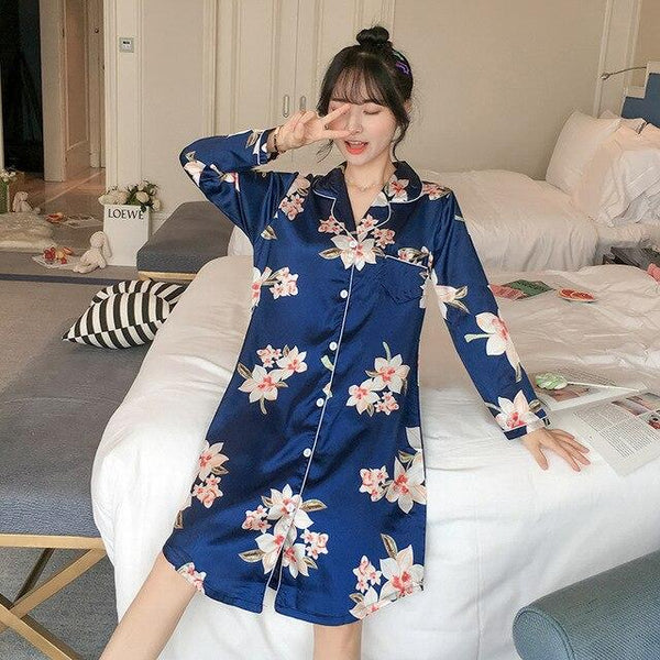 WAVMIT 2019 Autumn Silk Womens Sleepwear Sexy Comfortable Long Sleeve Print Ladies Nightgown Young Girl Outwear Party Nightdress
