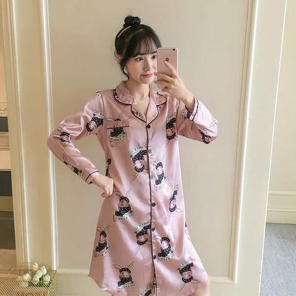 WAVMIT 2019 Autumn Silk Womens Sleepwear Sexy Comfortable Long Sleeve Print Ladies Nightgown Young Girl Outwear Party Nightdress