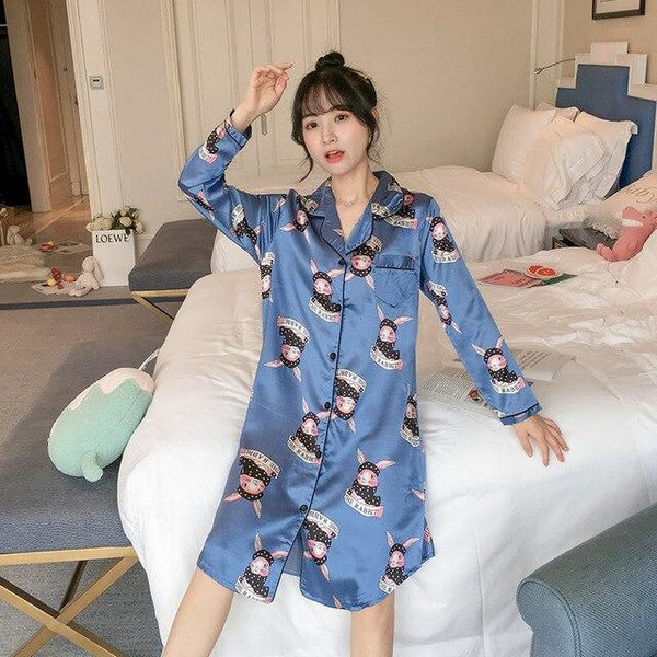 WAVMIT 2019 Autumn Silk Womens Sleepwear Sexy Comfortable Long Sleeve Print Ladies Nightgown Young Girl Outwear Party Nightdress