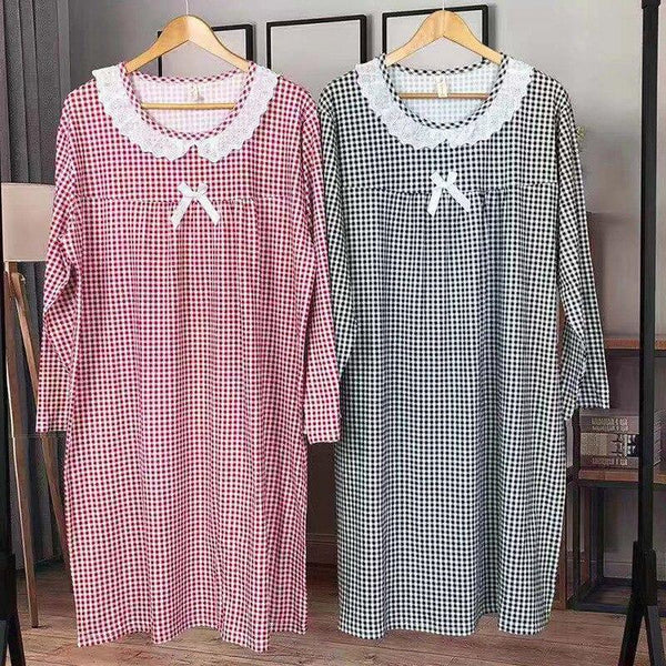 2018 Spring Autumn Casual Plaid Cotton Nightgowns for Women Long Sleeve Loose Night Dress Home Dress Sleepwear Nightdress Nighty